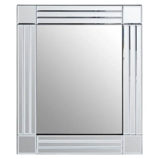 This clear glass wall mirror has linear trims around the square border which enhance the style and sophistication of the modern design.  Dimensions; H75 x L8 x W64
