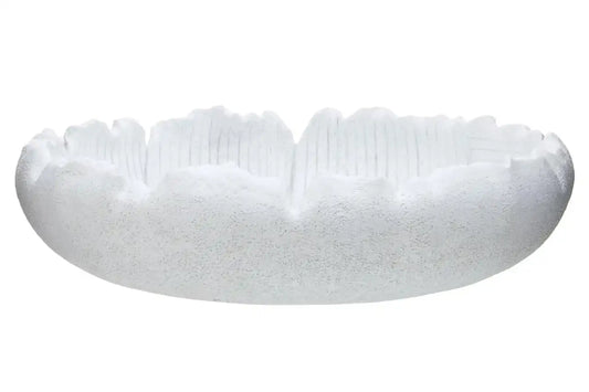 The Brody white polyresin bowl has asymmetrical edges around a flat base, the porcelain tone contrasts the natural aesthetic.  Dimensions; H9.5 x L34 x W34