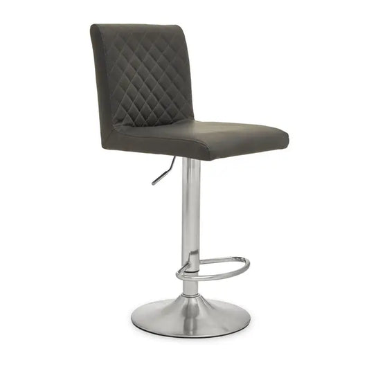 Ideal for counter heights, this stool will be a contemporary addition to home bar area with decorative detail and luxe aesthetic.
This bar stool features dark grey leather effect padded seat with diamond pattern tufted back. Height adjustable with swivel action, the round chrome pedestal base aligns with a minimal footrest and enhances luxe sophistication.
Dimensions; H114 x L51 x W39