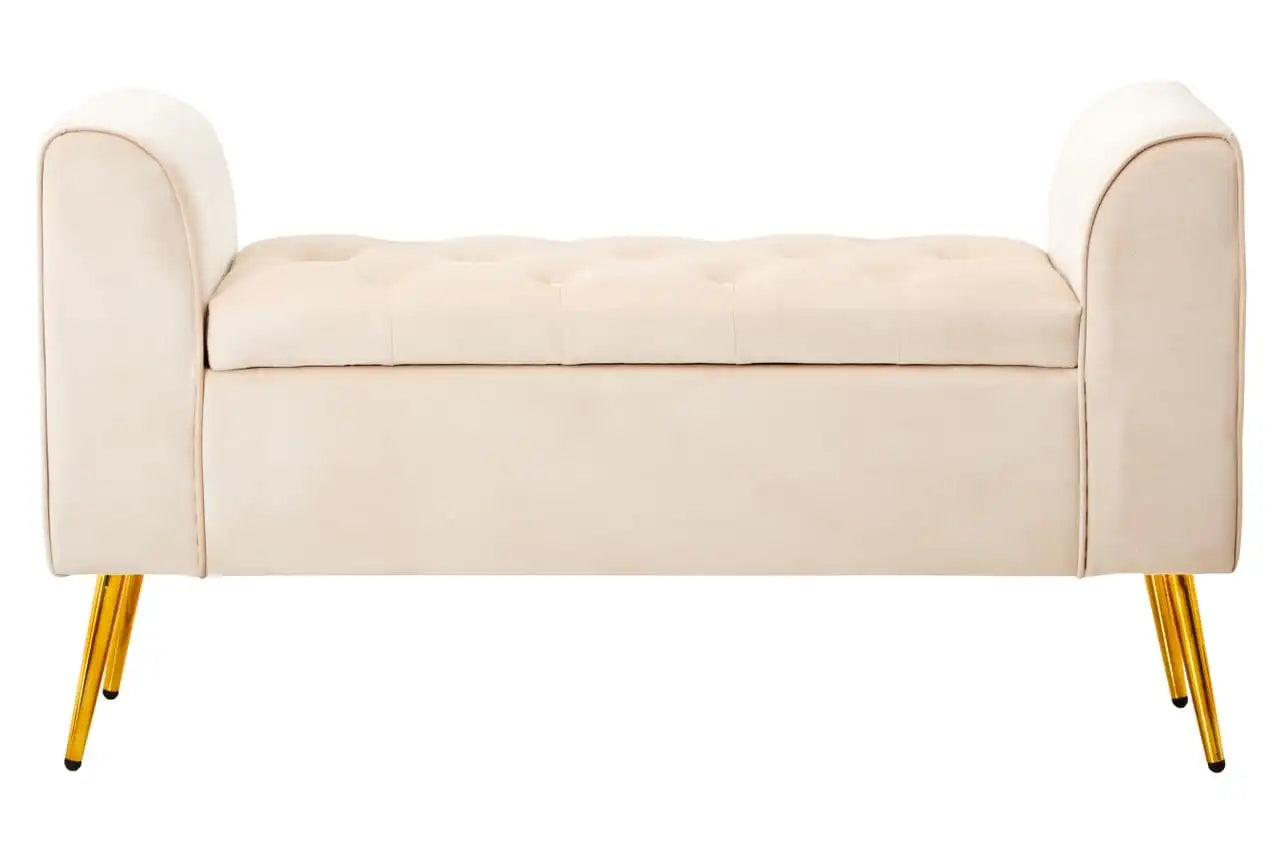 Latitude velvet storage bench with gold finish iron legs