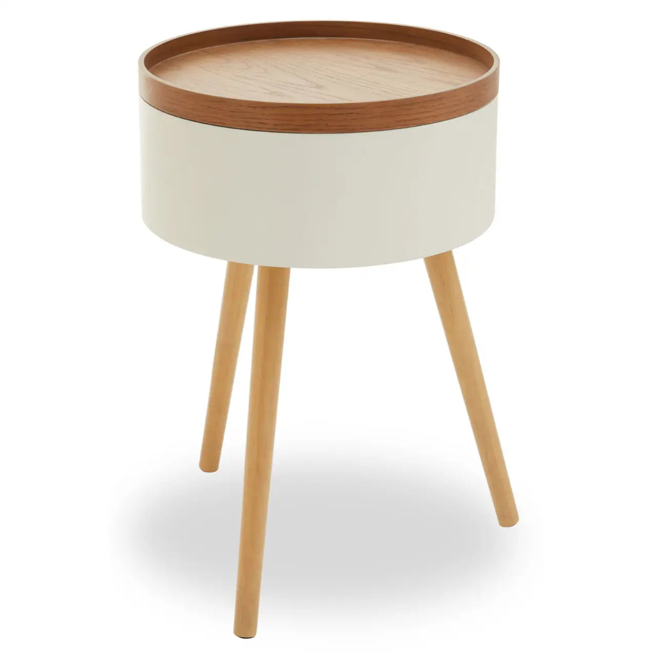 The Vitor wooden storage side table exudes elegance with a natural wood veneer top, white body and tripod style pine wood legs.
This side table has storage space inside with the top acting as a movable lid. The table embraces a minimalist aesthetic with a smooth and unadorned natural wood veneer contrasting elegantly with a white body.
Dimensions; H57 x L38 x W38