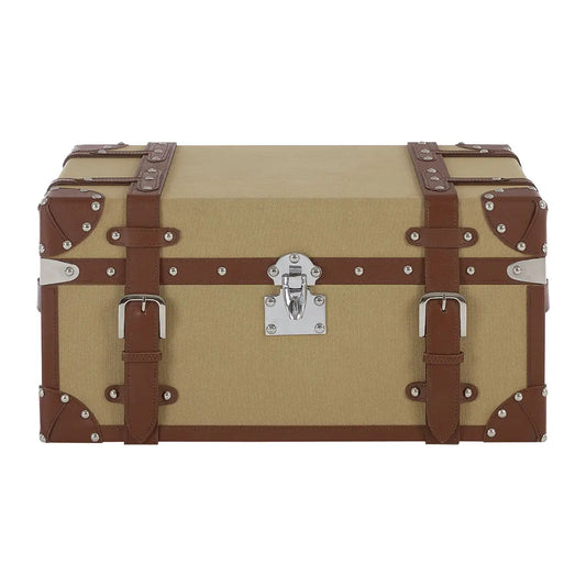 The Corinthian small storage trunk is a stylish organizational option made with a vintage steamer chest design.
The case is made from eco-friendly mango wood and is upholstered with canvas to give it a textured finish. The sand coloured canvas complements the real leather strapping and corner detail. Polished studs decorate the leather and complement the reflective clasp lock and buckles that secure its lid. Real leather handles add a further decorative touch to its sides.
Dimensions; H30 x L45 x W60