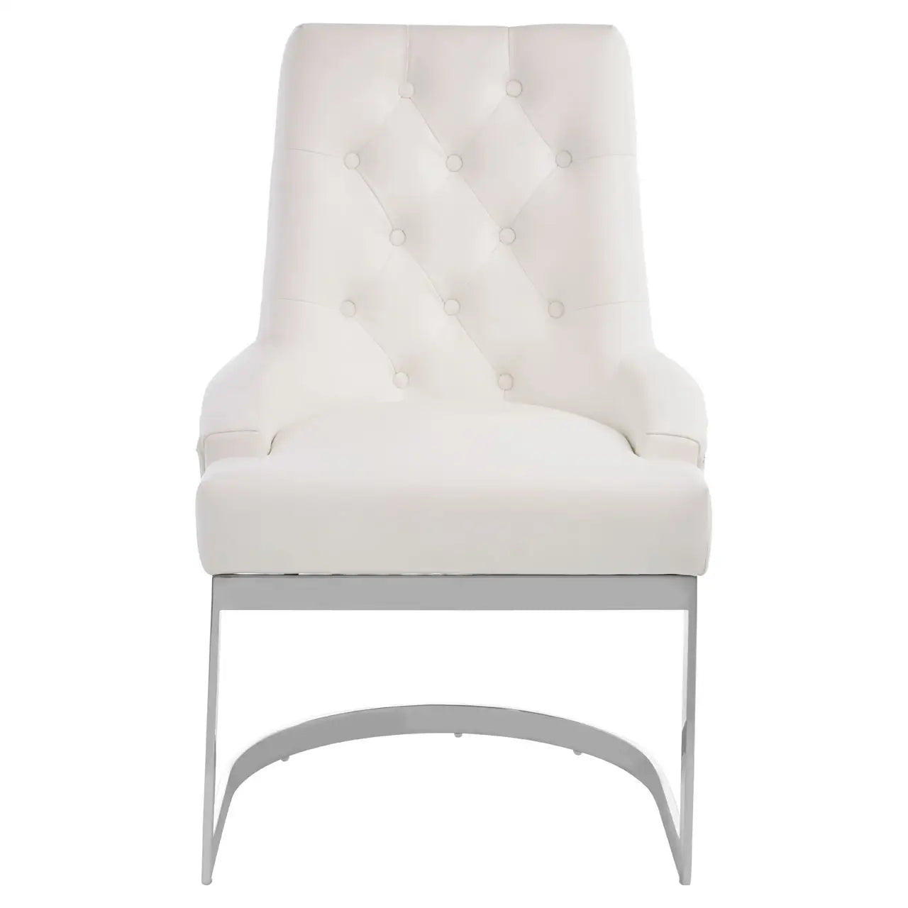Allure dining chair upholstered with soft faux leather and has a fresh white finish. Back button tufting adds texture to the look. The stainless steel legs have a reflective silver finish and arc at the base to complement the chair's design lines. Plain white background.