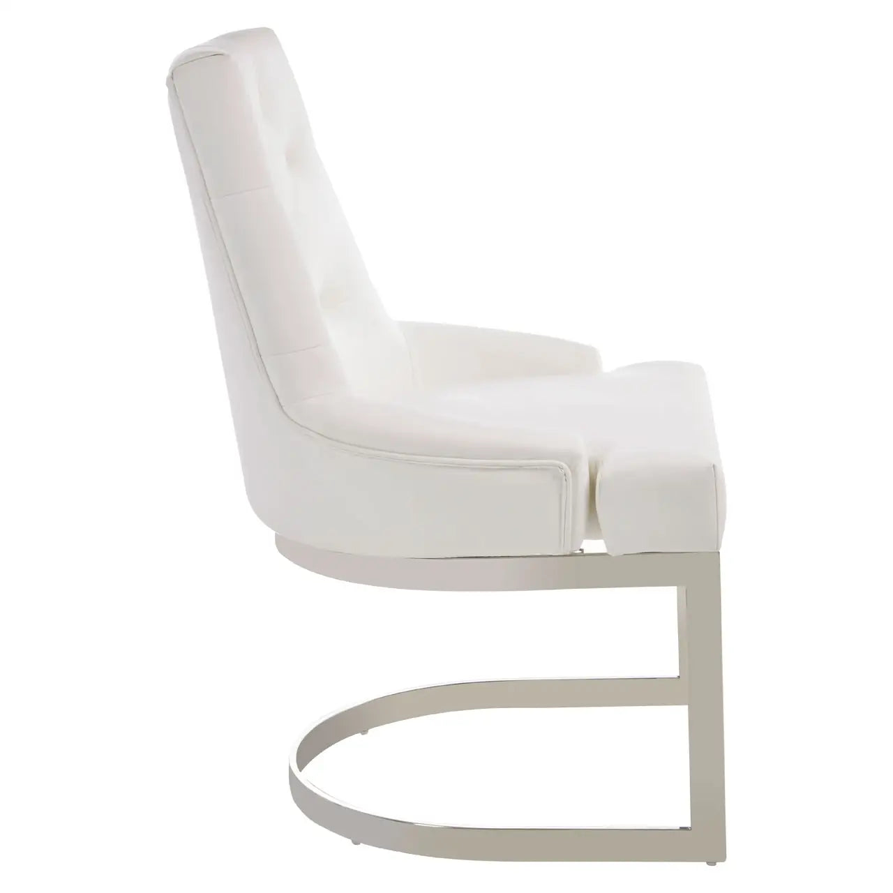 Allure dining chair upholstered with soft faux leather and has a fresh white finish. Back button tufting adds texture to the look. The stainless steel legs have a reflective silver finish and arc at the base to complement the chair's design lines. Plain white background.