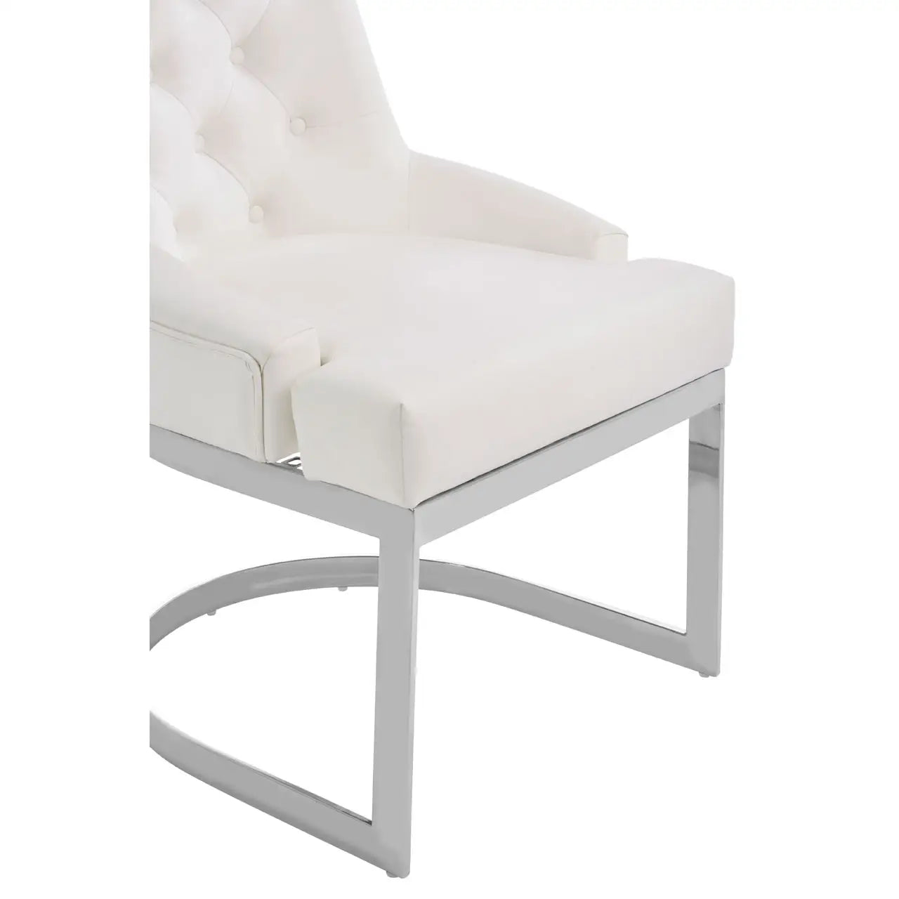 Allure dining chair upholstered with soft faux leather and has a fresh white finish. Back button tufting adds texture to the look. The stainless steel legs have a reflective silver finish and arc at the base to complement the chair's design lines. Plain white background.