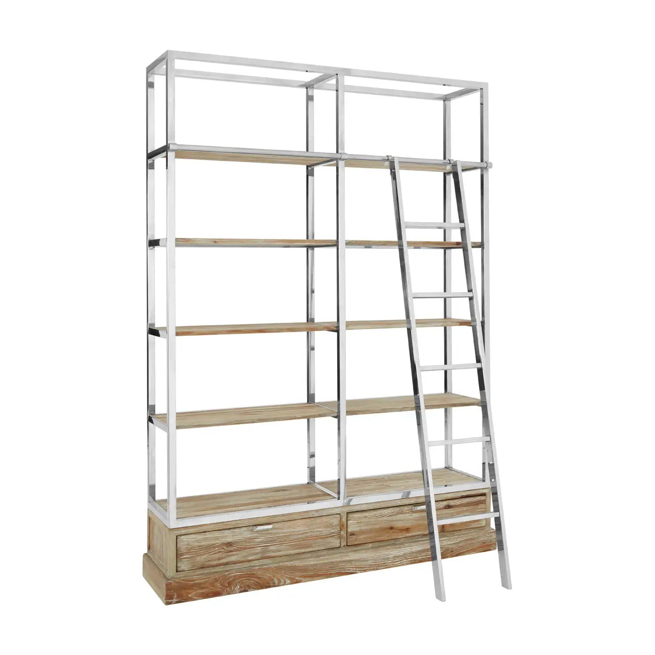 This statement display unit contrasts organic materials with sleek man-made forms.
Its base and shelves are made from whitewashed pine wood. Two large storage drawers are integrated into the design. The silver finish stainless steel frame features a moveable ladder to help reach those top sections.
Dimensions; H225 x L40 x W160