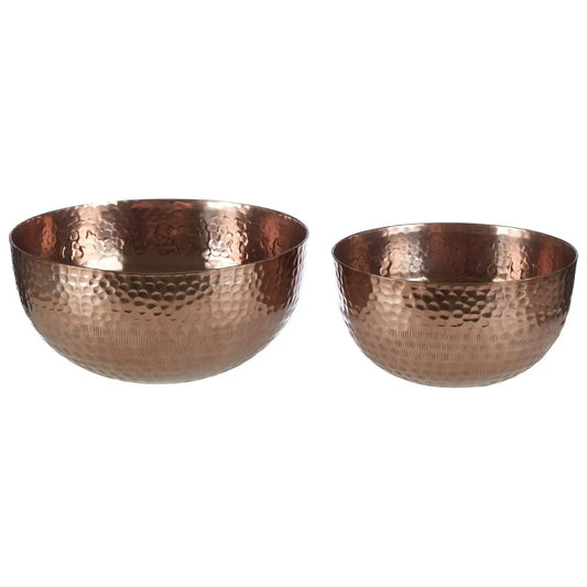 Two richly toned metallic bowls with hammered surfaces for a tactile finish.  Crafted from aluminium, and feature rounded hammer points contrasted by vertical scores. They have a reflective bronze finish that complements warm metallic accessories.  Dimensions; H13 x L26 x W26