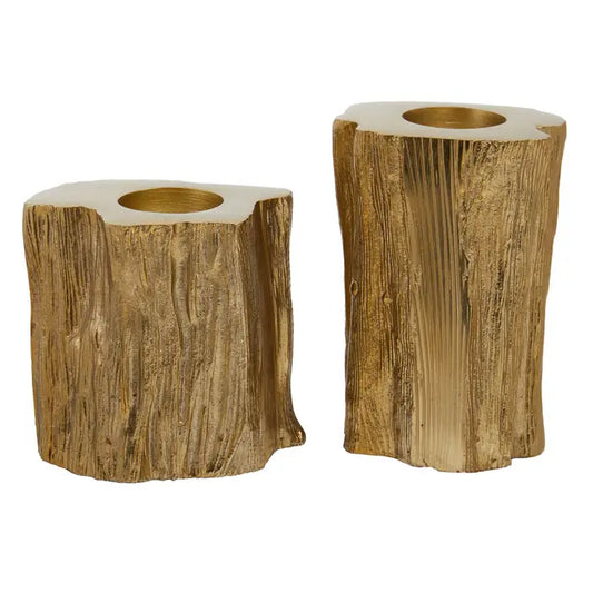 The Ariante set of two tealight holders is made from gold finish aluminium that is crafted to look like a tree trunk.  Dimensions; H14 x L9 x W9