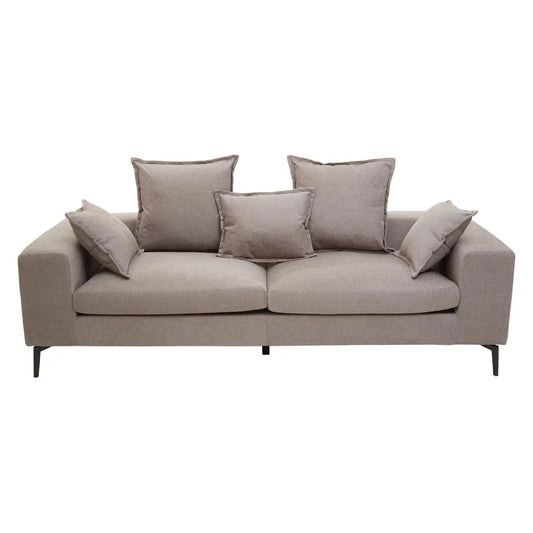 This statement sofa combines contemporary and mid-century sophistication with any decor setting.  The spacious three-seat sofa features a low back, level with armrests. Upholstered in grey-coloured fabric and supported by wooden legs complements the linear detailing of the sofa.  Dimensions; H75 x L101 x W228