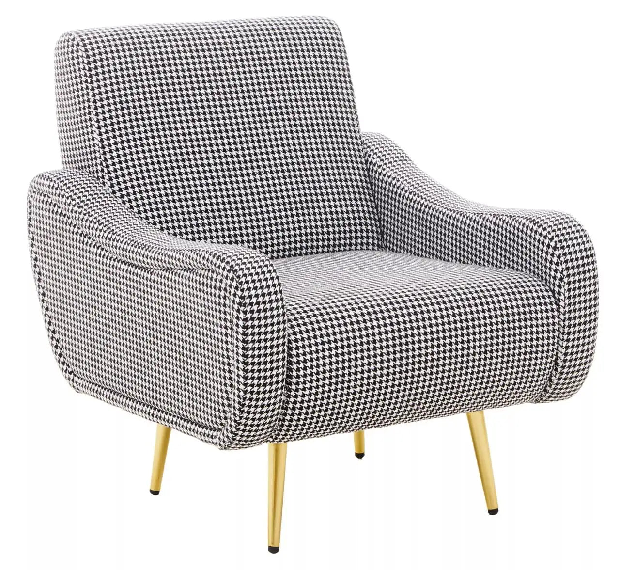 The Heather armchair offers comfort in a captivating design with black and white checked upholstery and slanted gold finish metal legs.
This armchair features a contemporary aesthetic with its black and white checked upholstery and a luxe appearance with its gold finish metal legs. The soft fabric and thick padding provide unmatched comfort.
Dimensions: H68 x L78 x W73