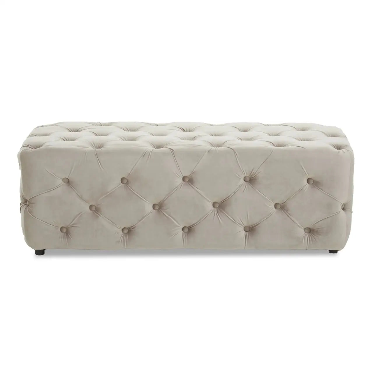 Plain white background with traditional button-tufted bench, upholstered with soft touch mink velvet.