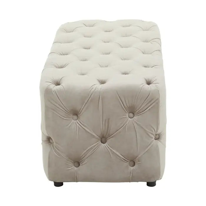 Plain white background with traditional button-tufted bench, upholstered with soft touch mink velvet.