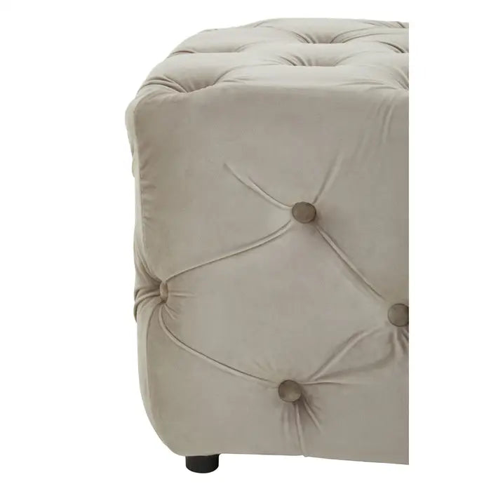 Plain white background with traditional button-tufted bench, upholstered with soft touch mink velvet.