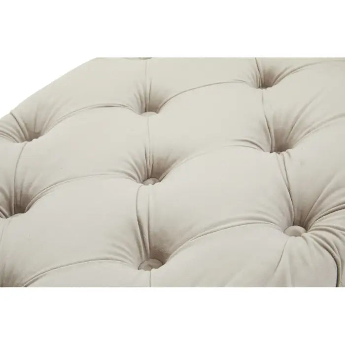 Plain white background with traditional button-tufted bench, upholstered with soft touch mink velvet.