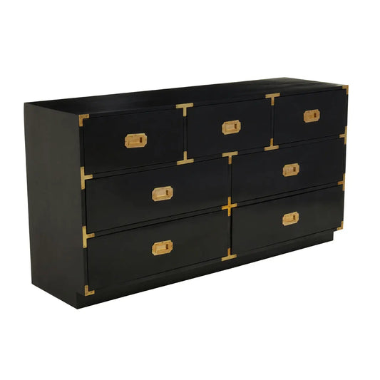 The Sagittarius black mango wood chest with gold finishings has seven drawers.
The black mango wood chest is a decadent addition to you decor. Seven large drawers provide ample storage space, while the gold finishings elevate the chest.
Dimensions; H77 x L43 x W145