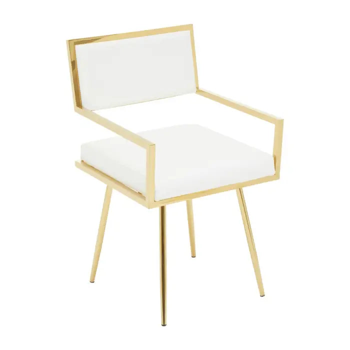 Picture of our Allure ivory leather effect dining chair with gold finish stainless steel square frame with plain white background.