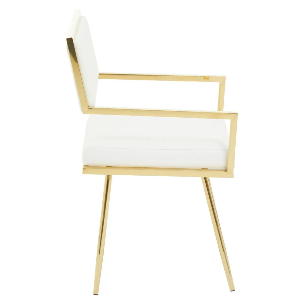 Picture of our Allure ivory leather effect dining chair with gold finish stainless steel square frame with plain white background.