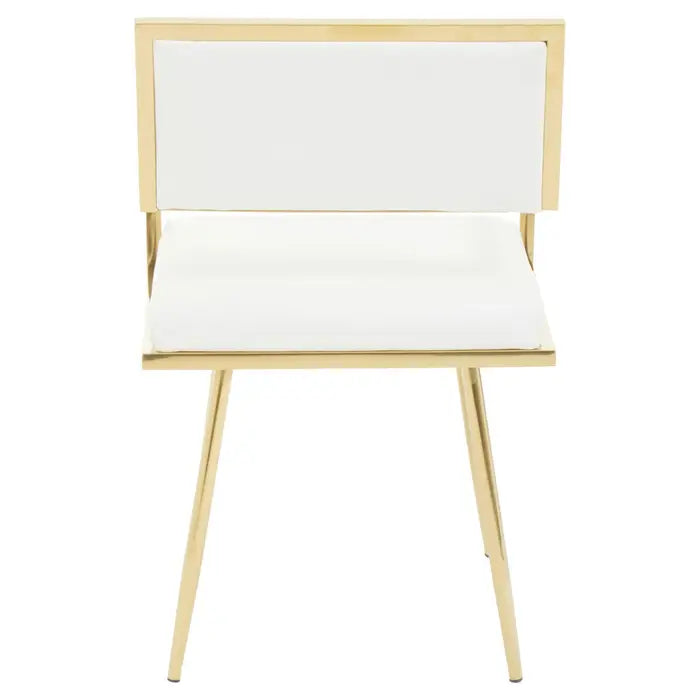 Picture of our Allure ivory leather effect dining chair with gold finish stainless steel square frame with plain white background.