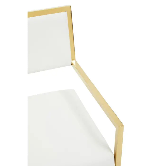 close up of gold finish stainless steel square frame with plain white background.