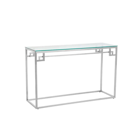 Creating a modern look with this silver stainless steel console table featuring a glossy texture, sleek silhouette, and a tempered glass top.  Streamlined with clean and sharp edges, this console table owns chick minimalistic aesthetic supported by an open silver stainless steel frame with the table top glass. The frame is designed to withstand different conditions matching all modern aesthetics.  Dimensions; H75 x L40 x W120