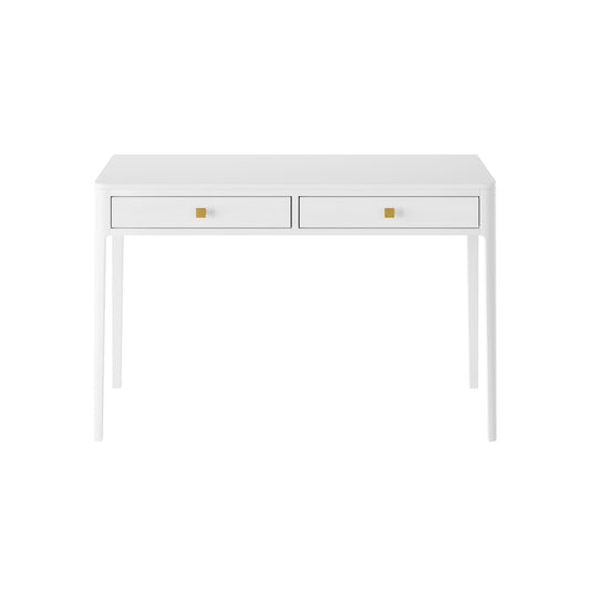 Elegant white 2 drawer simplistic console table with gold handles..