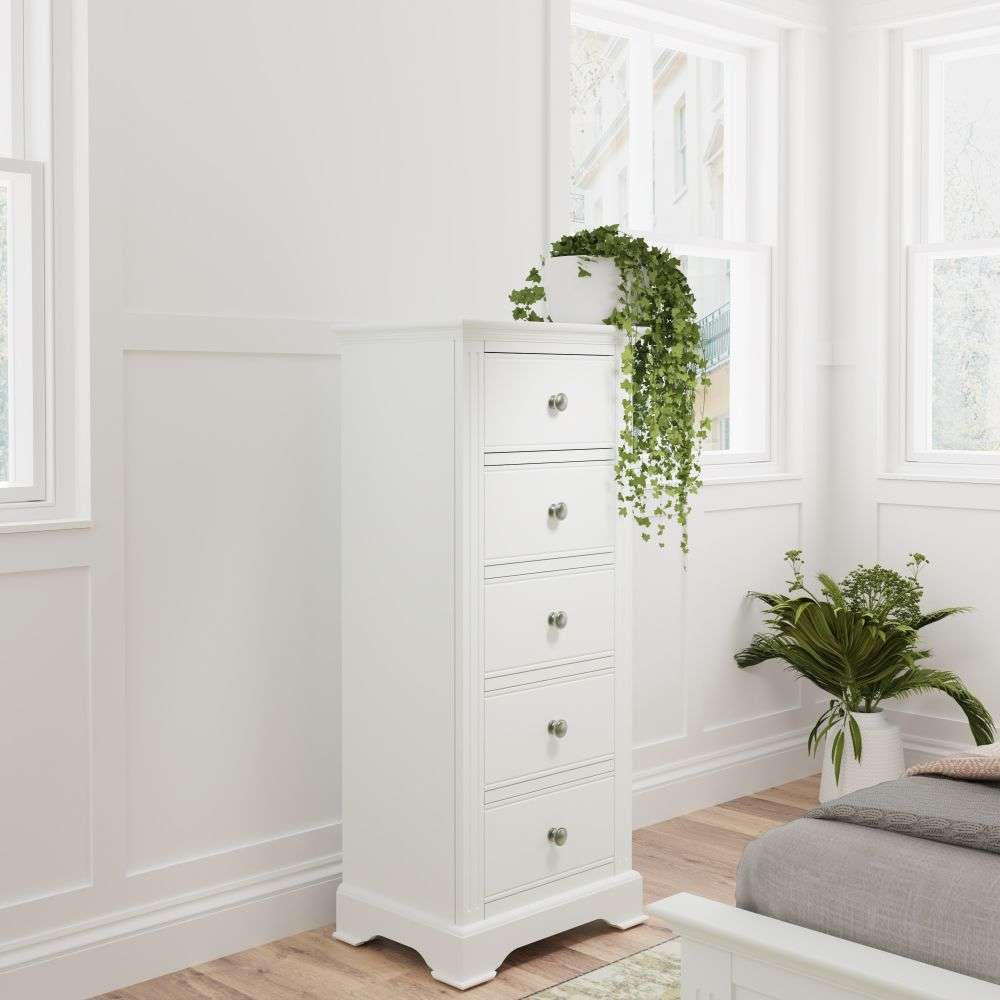 Beatrix Bedroom White - 5 Drawer Narrow Chest