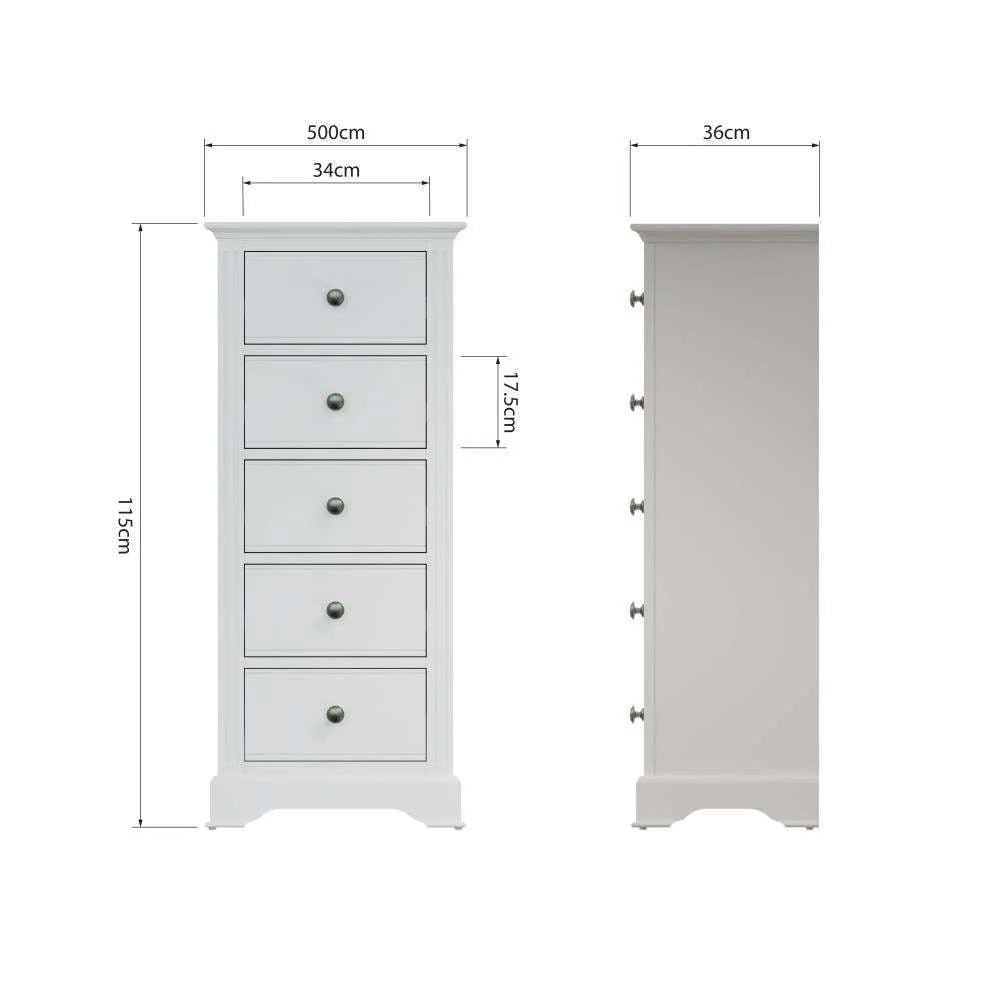 Beatrix Bedroom White - 5 Drawer Narrow Chest