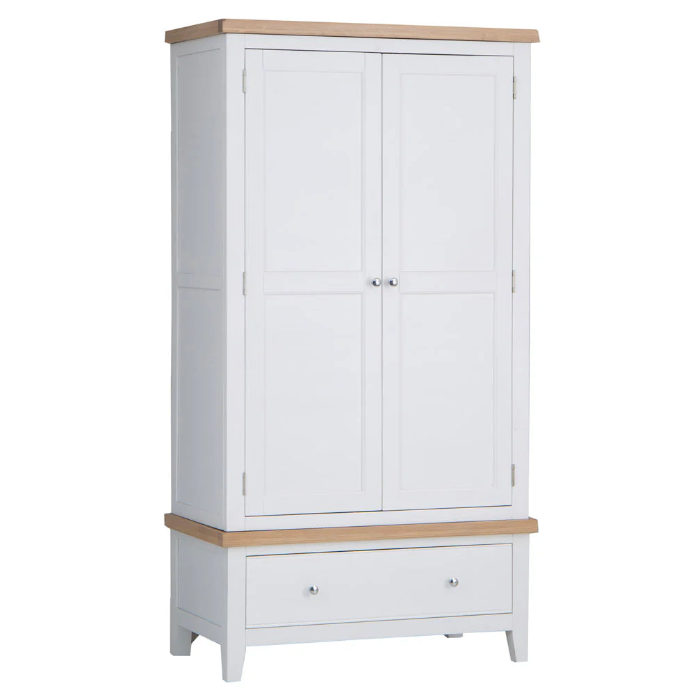 The Ernest range has washed Oak tops and beautifully painted finish. This range has Chrome elements. A warm contemporary design that adds a classic but stylish feel to your home. Description; 100 x 55 x 190 cm