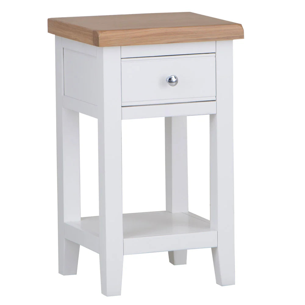 Ernest Dining has washed Oak tops and beautifully painted finish. This range has Chrome elements. A warm contemporary design that adds a classic but stylish feel to your home. Dimensions; 38 x 35 x 65 cm