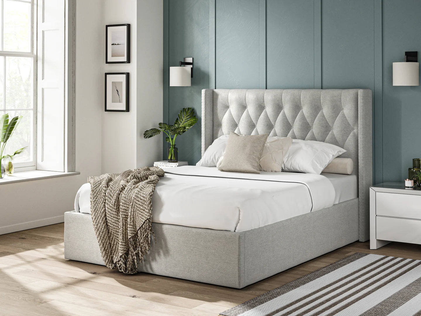 Bordeaux Fabric Bed Grey - 5'0 Fabric Bedframe Ottoman