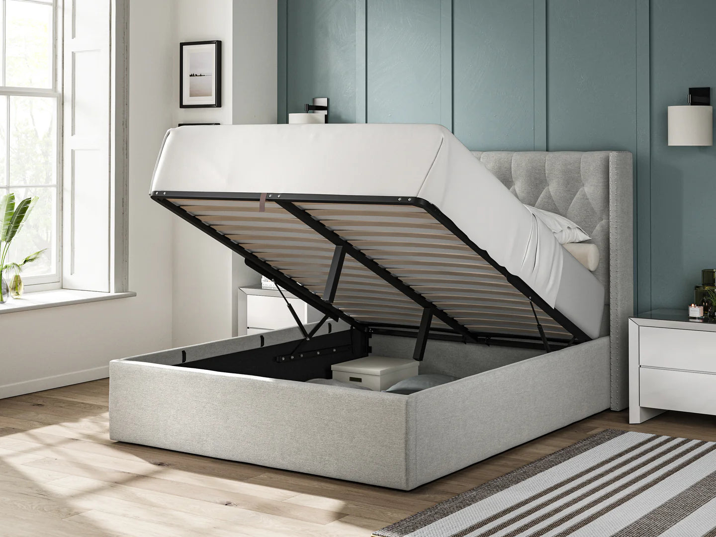 Bordeaux Fabric Bed Grey - 5'0 Fabric Bedframe Ottoman