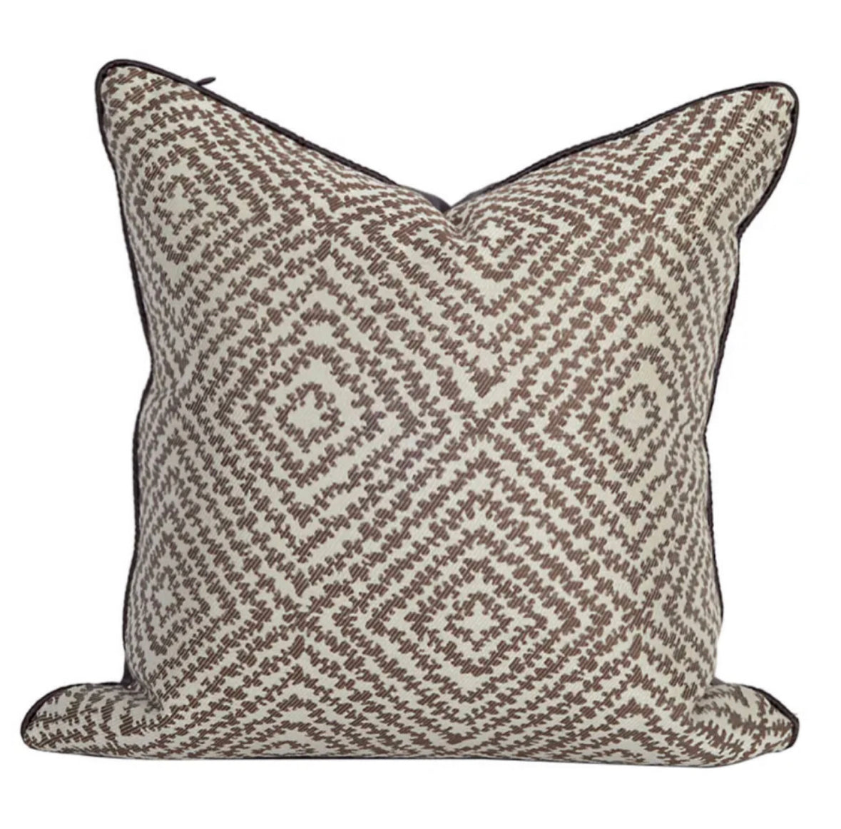 Wren Cushion with square pattern in brown.