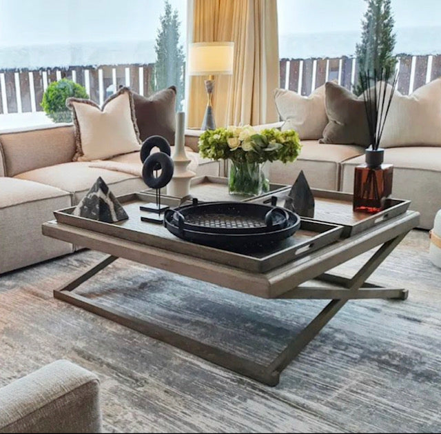 Grey aged oak and oak veneer with three removable trays, beautiful centre coffee table.