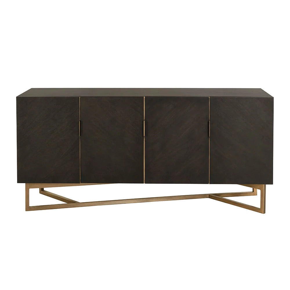 Four-door rectangular chocolate brown sideboard.