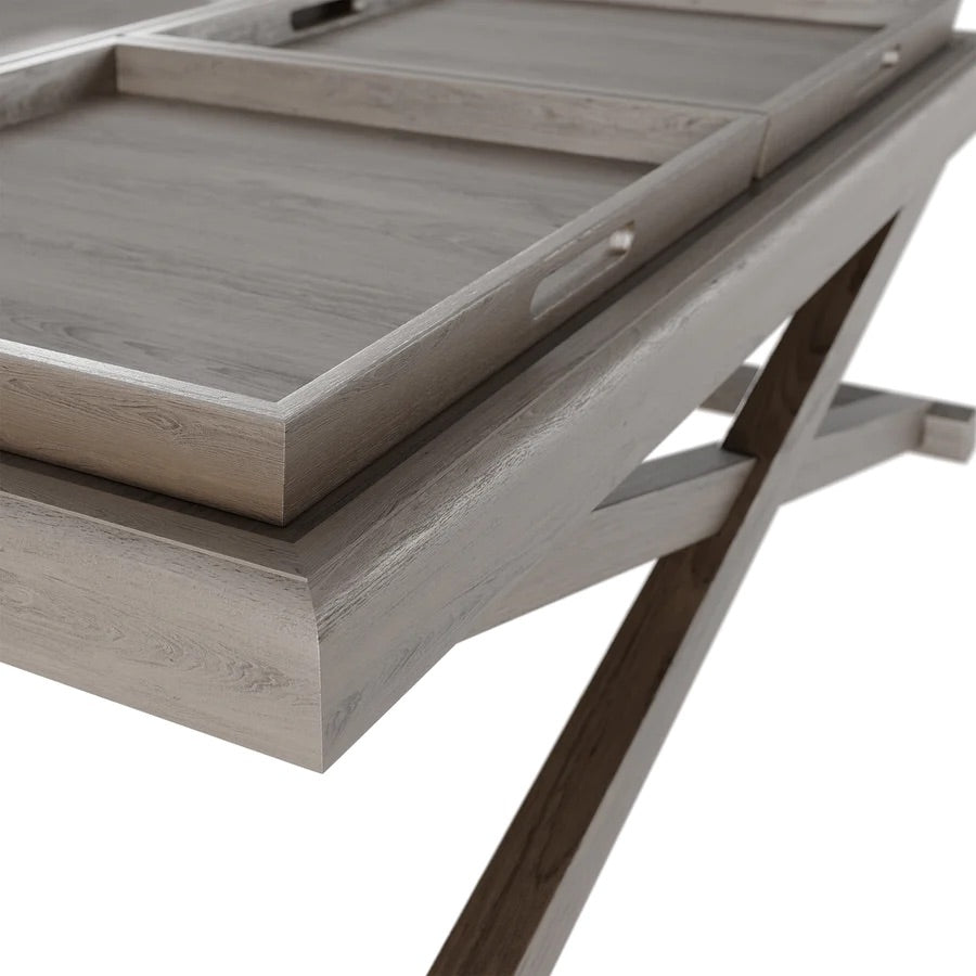 Grey aged oak and oak veneer with three removable trays, beautiful centre coffee table.