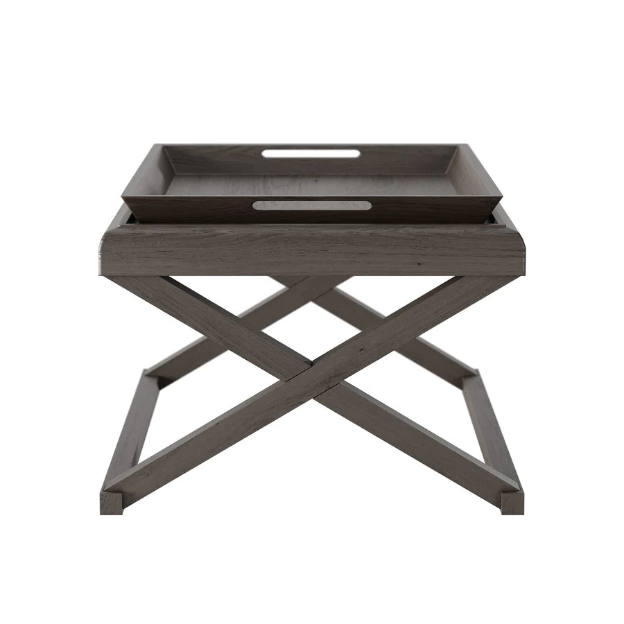 Grey aged oak and oak veneer with three removable trays and visible grain details. Complete with matching console table.