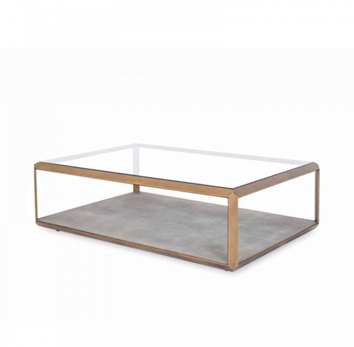 he Earl Coffee Table in Grey combines glass, brass, and shagreen to create a harmonious juxtaposition of materials, blending modern aesthetics with a hint of exotic flair.