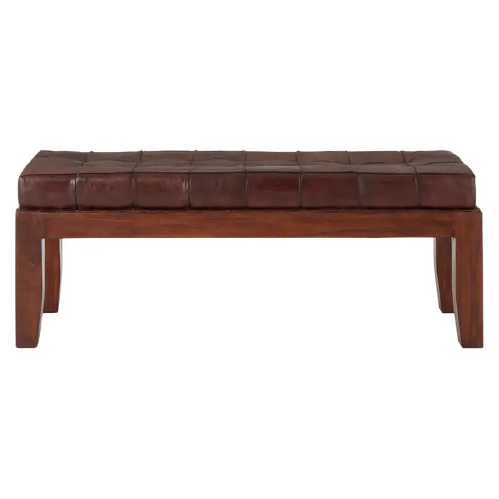 Antique brown leather, this bench has a soft button tufted seat.