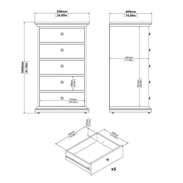 Perth Chest Of 5 Drawers In White