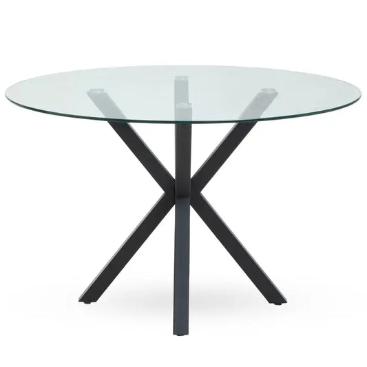 Sheldon Round Glass Top Dining Table With Black Metal Legs