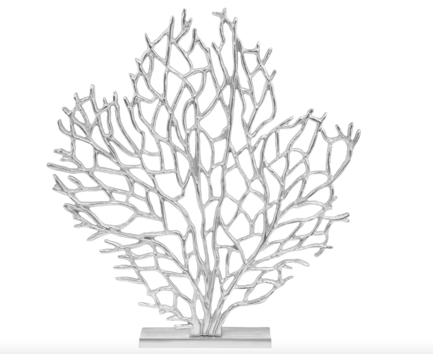 Silver ornament stands on a slim rectangular stand, and the sculpture spreads its branches upwards and outwards.Silver pictured with plain white background.