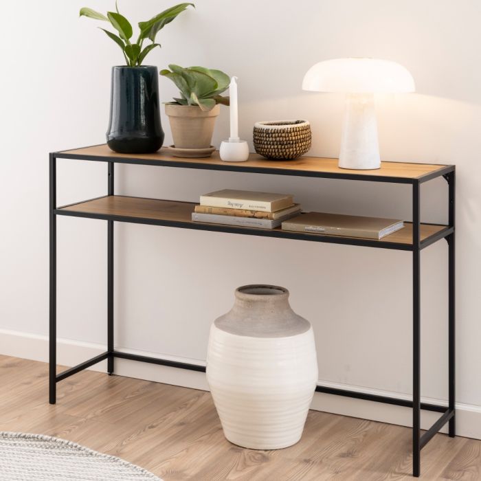 Senford Black Metal Console Table with Oak Top