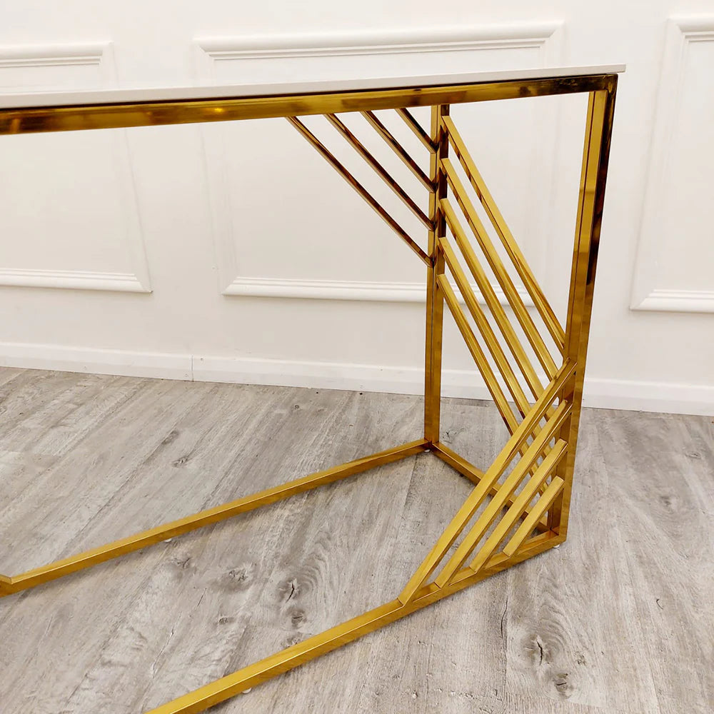 Azalia Gold Console Table with Polar White Sintered Top