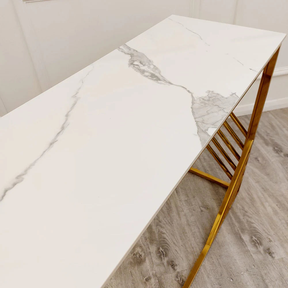 Azalia Gold Console Table with Polar White Sintered Top