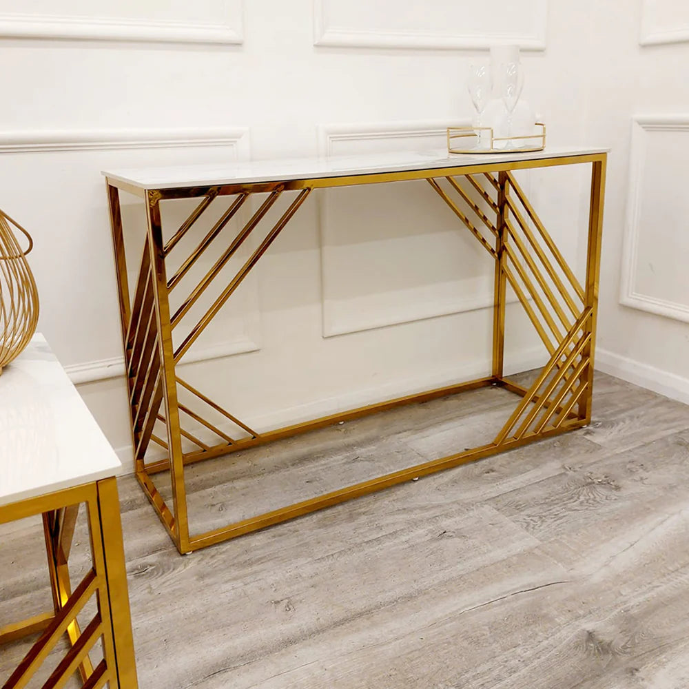 Azalia Gold Console Table with Polar White Sintered Top