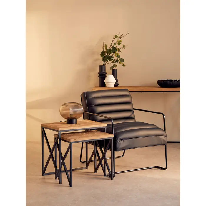 2 wood topped side tables with black iron frame.