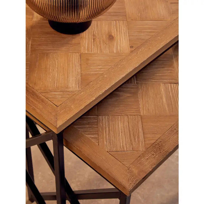 2 wood topped side tables with black iron frame.