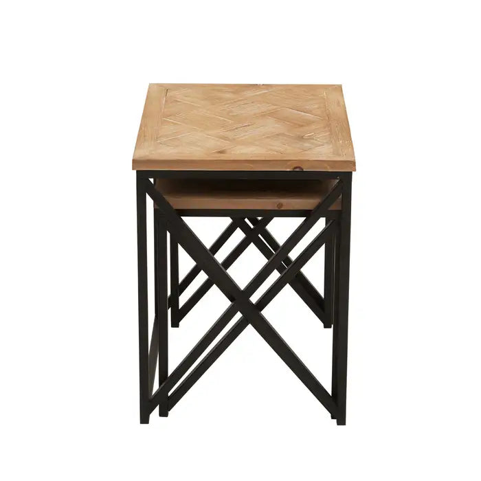 2 wood topped side tables with black iron frame.