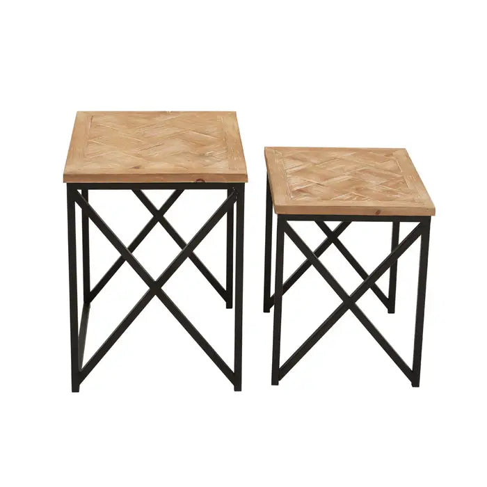 2 wood topped side tables with black iron frame.
