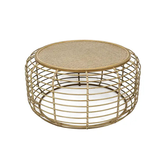 Woven rattan coffee table with a contrasting gold frame.